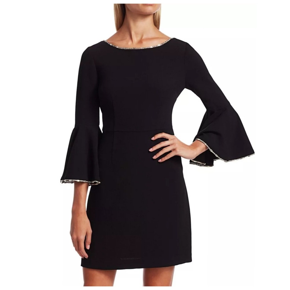 Trina Turk 6 Bromely Sheath Cocktail Dress LBD Bell Sleeves Jeweled‎ Neckline